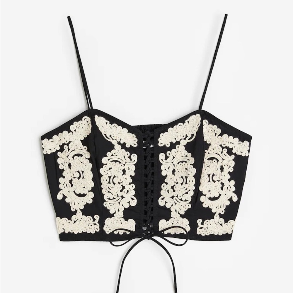 H&M Drawstring Detail Black and White Embroidered Women's Top